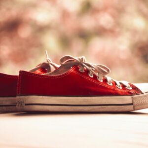 Stylish red canvas sneakers with white laces shown in a classic side view.